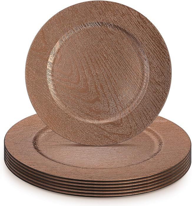 Mifoci 6 Pcs 13" Boho Faux Wood Plastic Charger Plates, Faux Wood Chargers for Dinner Plates Roun... | Amazon (US)