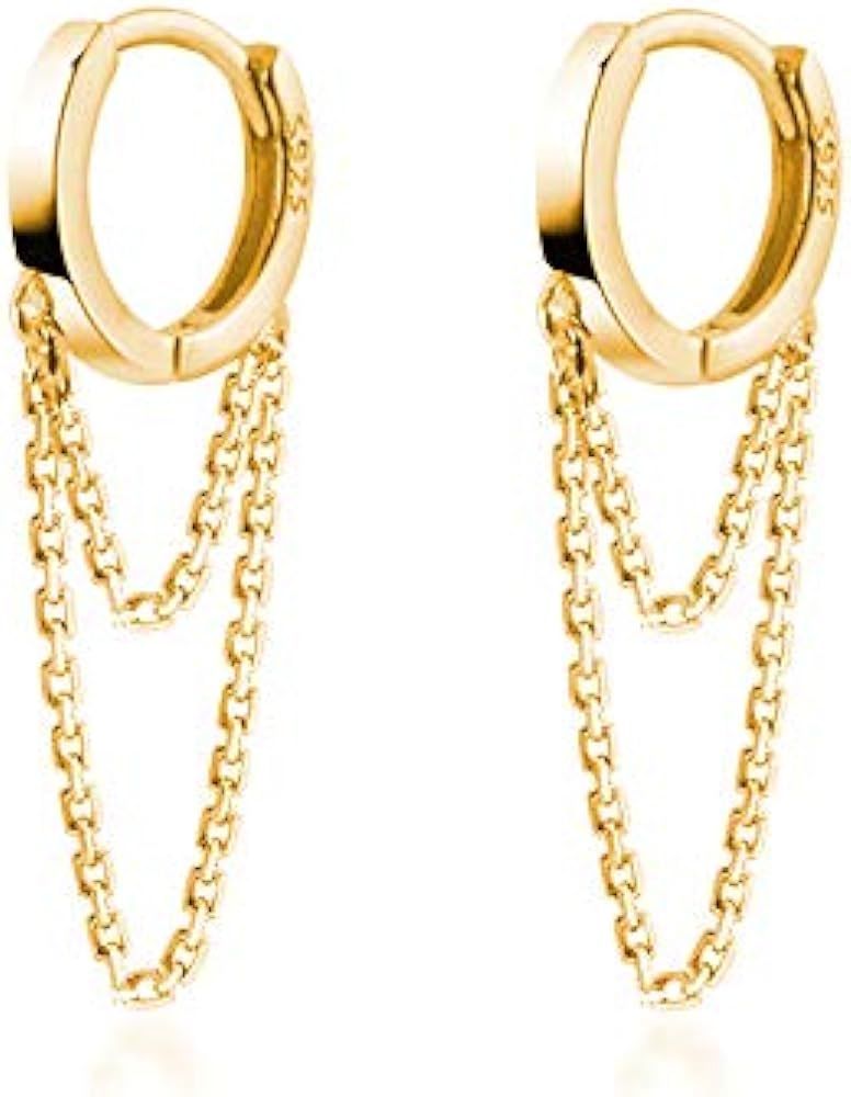 Solid 925 Sterling Silver Tassel Chain Drop Dangle Small Hoop Earrings Huggie for Women Teen | Amazon (US)