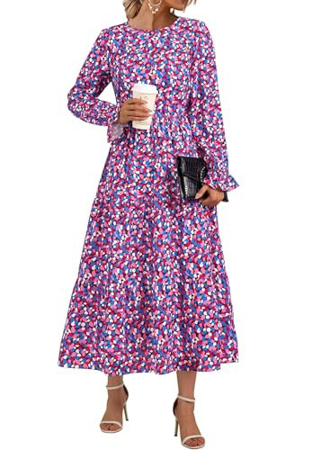 KIRUNDO Womens Spring Dresses Long Sleeve Midi Dress Boho Floral Print Crewneck Casual Wedding Guest Dress with Pockets(Rose Pink, Small) | Amazon (US)