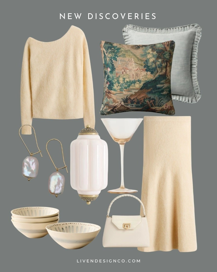 New discoveries. Pale yellow sweater. Sweater skirt. H&M.  Milk glass sconce. Throw pillows. Home decor. Tapestry pillow. Cereal bowls. Dinnerware. West Elm. Drop earrings. Banana Republic. Beige glassware. Martini glasses. Croc embossed handbag. Top handle bag

#LTKSaleAlert #LTKSeasonal #LTKFindsUnder100