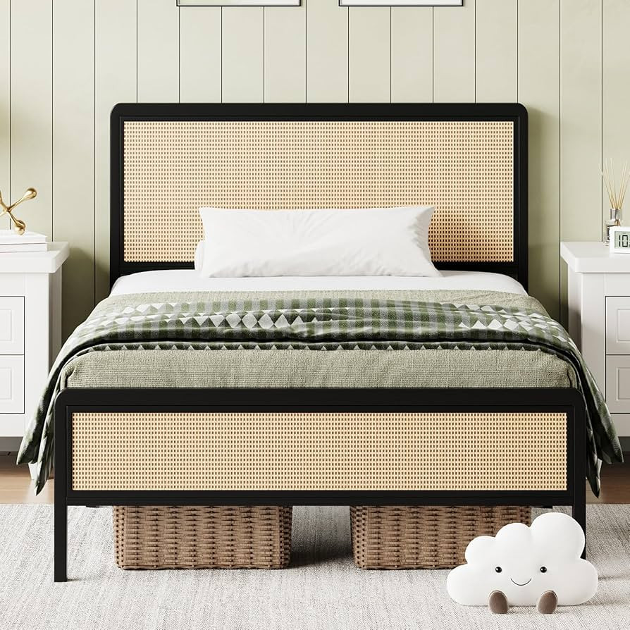 Twin Bed Frames, Rattan Twin Bed Frame with Headboard, Metal Platform Boho Bed Frame with Steel S... | Amazon (US)