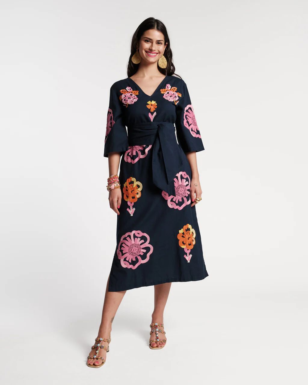 Emi Embroidered Dress Graphic Gerbera Navy Pink | Frances Valentine