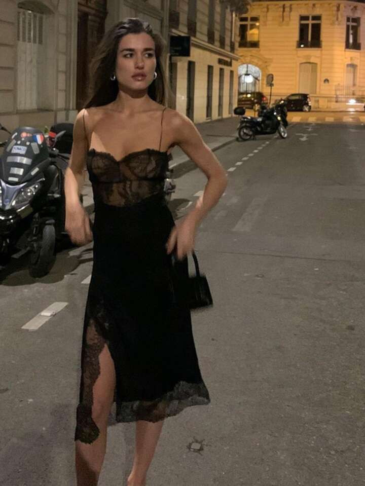 Contrast Lace Slit Hem Cami Dress | SHEIN