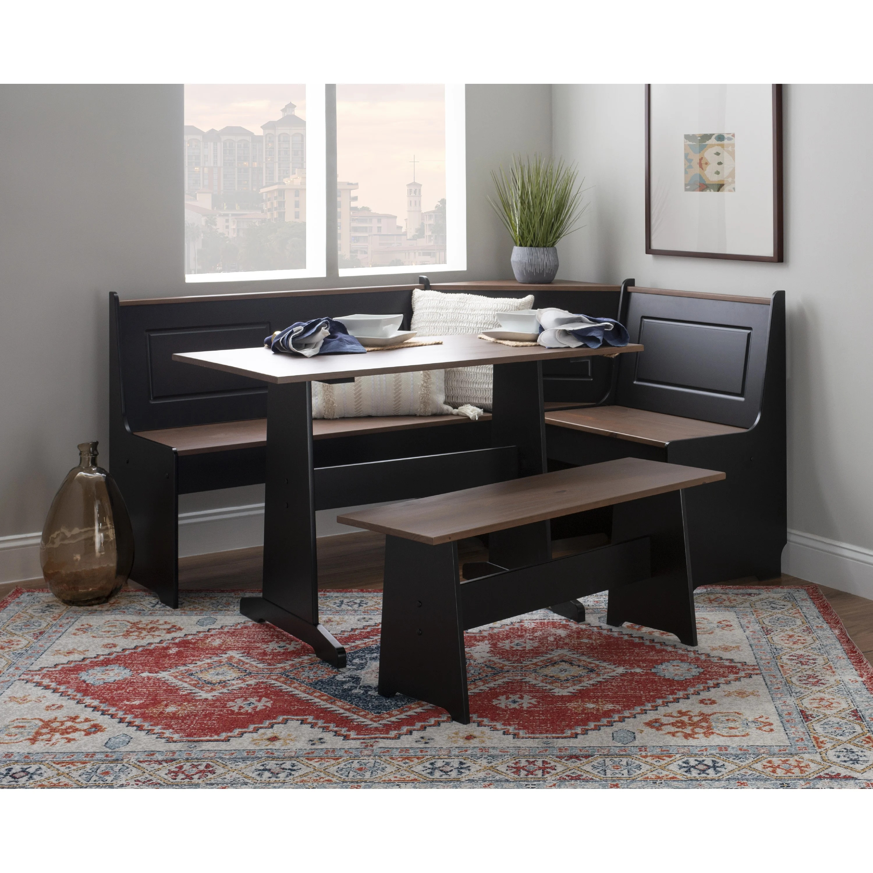 Linon Ardmore Corner Dining Breakfast Nook with Table and Storage, Seats 5, Black and Pecan | Walmart (US)