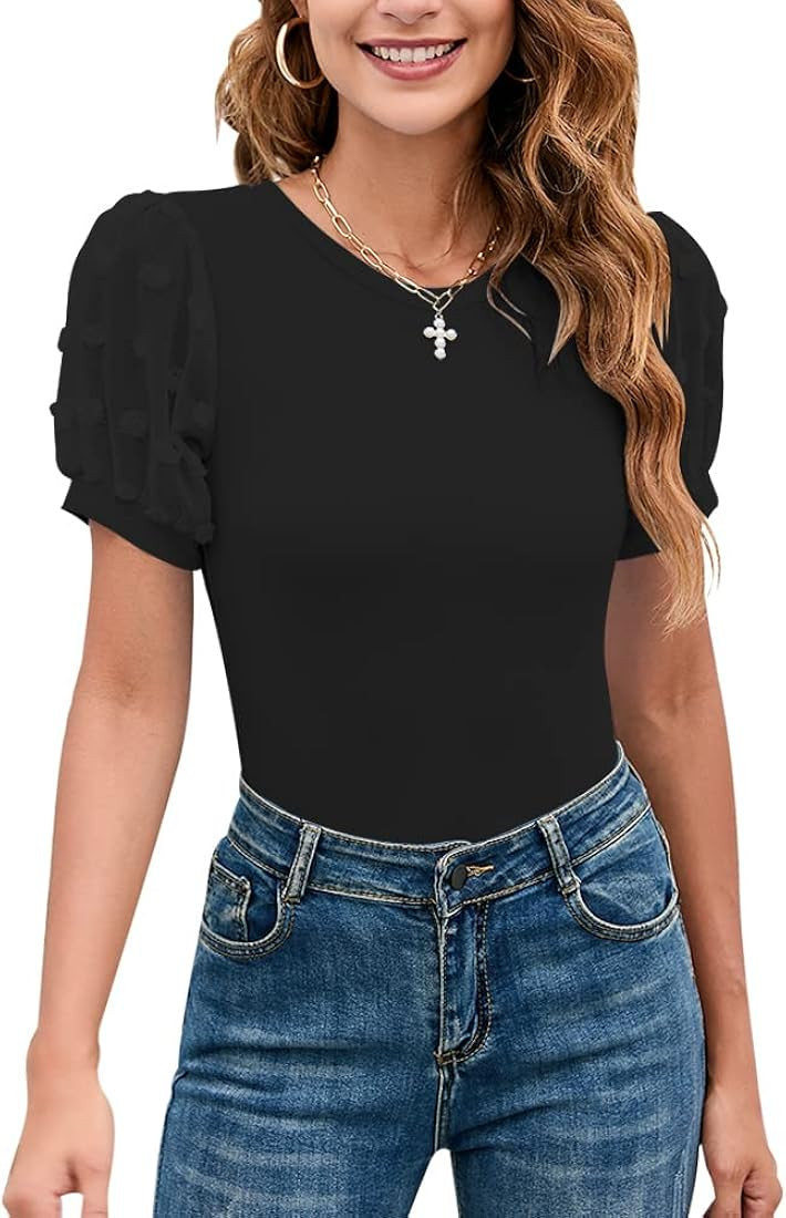 Women's Round Neck Slim Fit Swiss Dots Mesh Puff Sleeve Bodysuits Casual Ribbed Knit Jumpsuit Top... | Amazon (US)