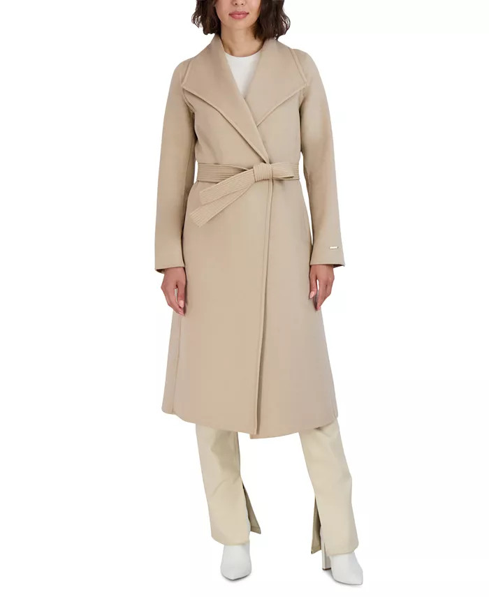 Women's Faux-Leather-Trim Belted Wrap Coat | Macys (US)