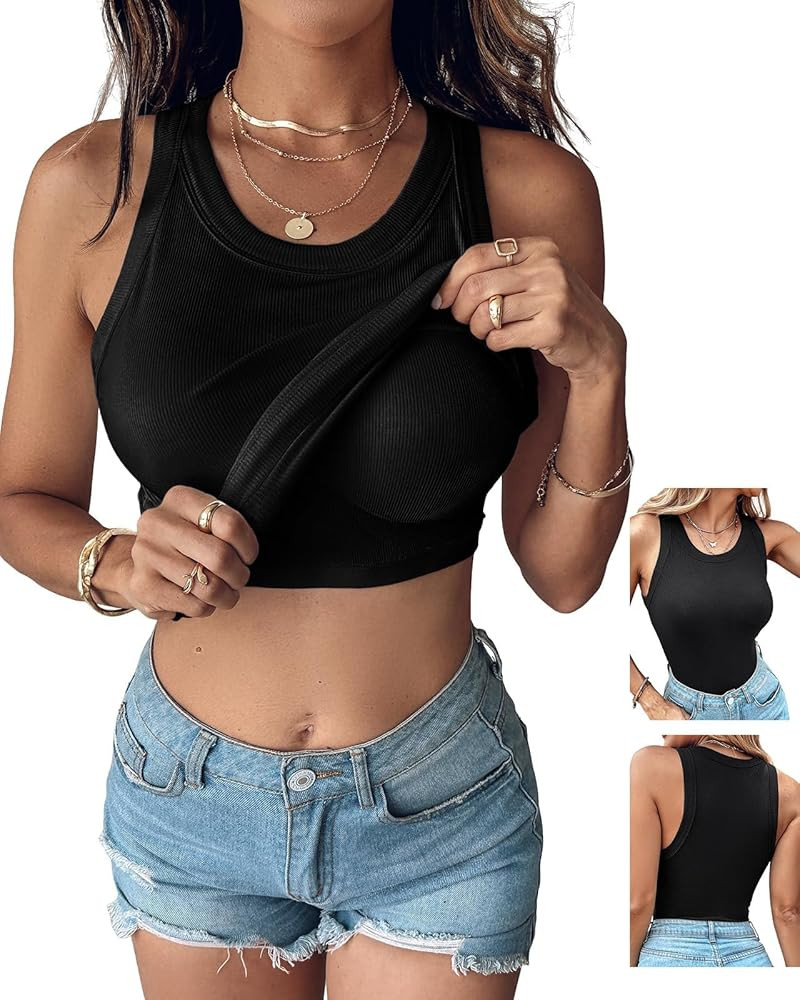 CHICME Women Built-in Bra Tank Tops Sleeveless Casual Shirts Racerback Ribbed Fitted Tank Tops | Amazon (US)