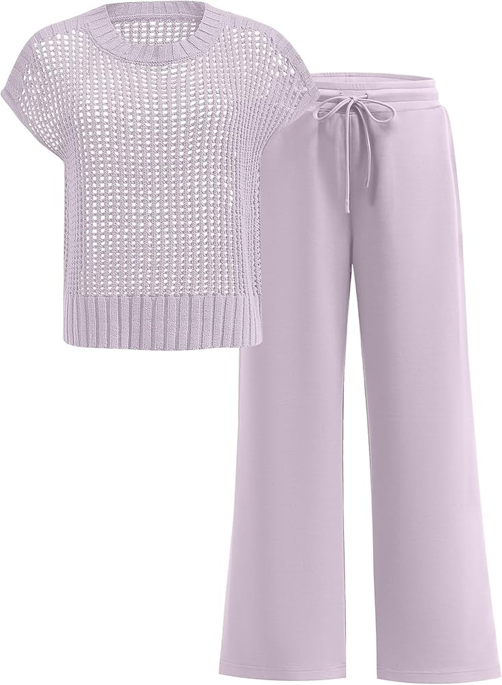ANRABESS Women Two Piece Outfits Crochet Sheer Knit Sweater Top Wide Leg Pants Lounge Matching Se... | Amazon (US)
