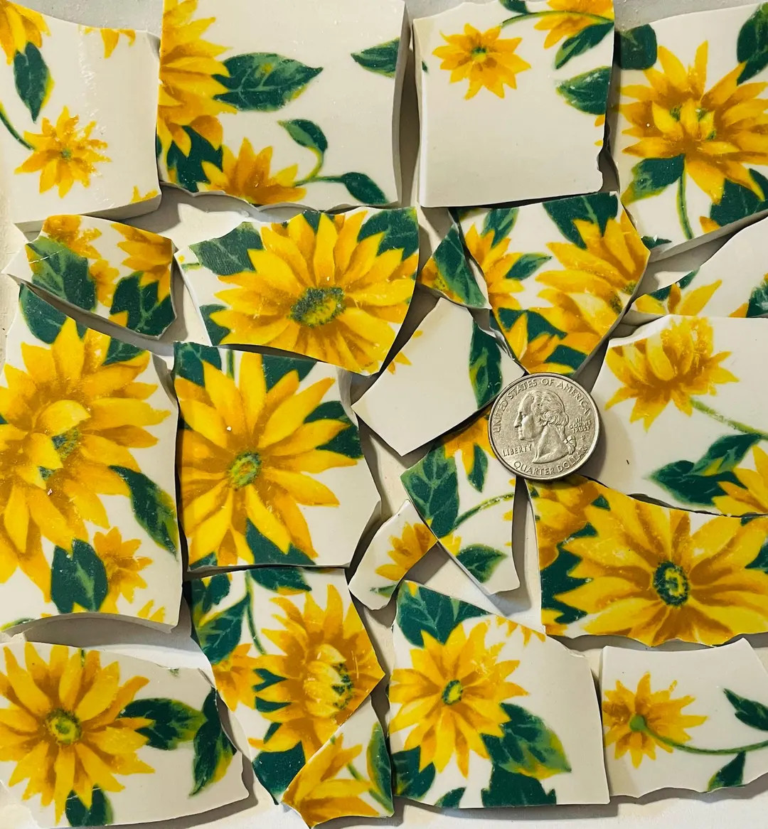 Broken China Mosaic Tile - Arts and Craft Supplies - Bright Yellow Flowers & Green Leaf Tiles F34... | Etsy (US)