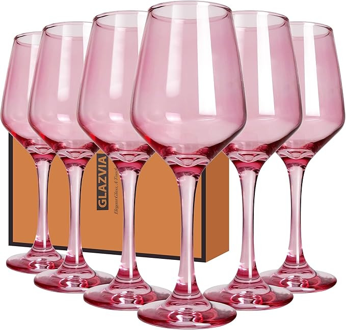 Pink Wine Glasses Set of 6-14oz Pink Long Stem Wine Glass, Pretty Crystal Glassware, Hand Blown G... | Amazon (US)