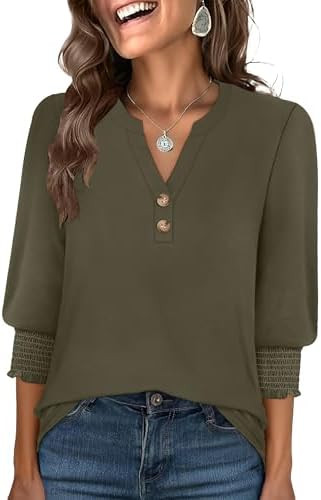 ANRABESS Womens 3/4 Sleeve Blouses Dressy Casual Henley Shirts V Neck Work Business Tee Tops 2025... | Amazon (US)