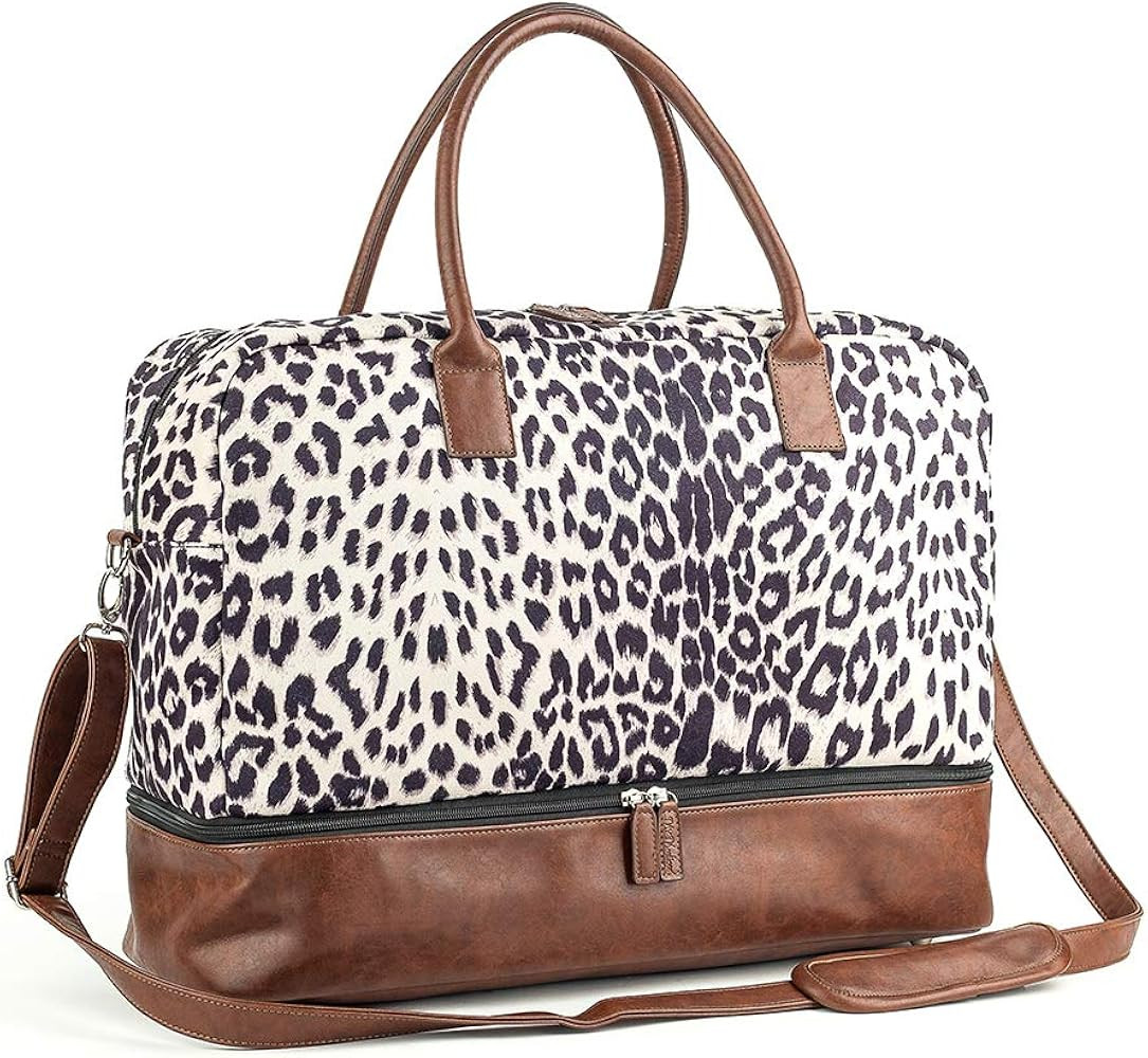 MyMealivos Canvas Weekender Bag, Overnight Travel Carry On Duffel with Shoe Pouch (leopard) | Amazon (US)