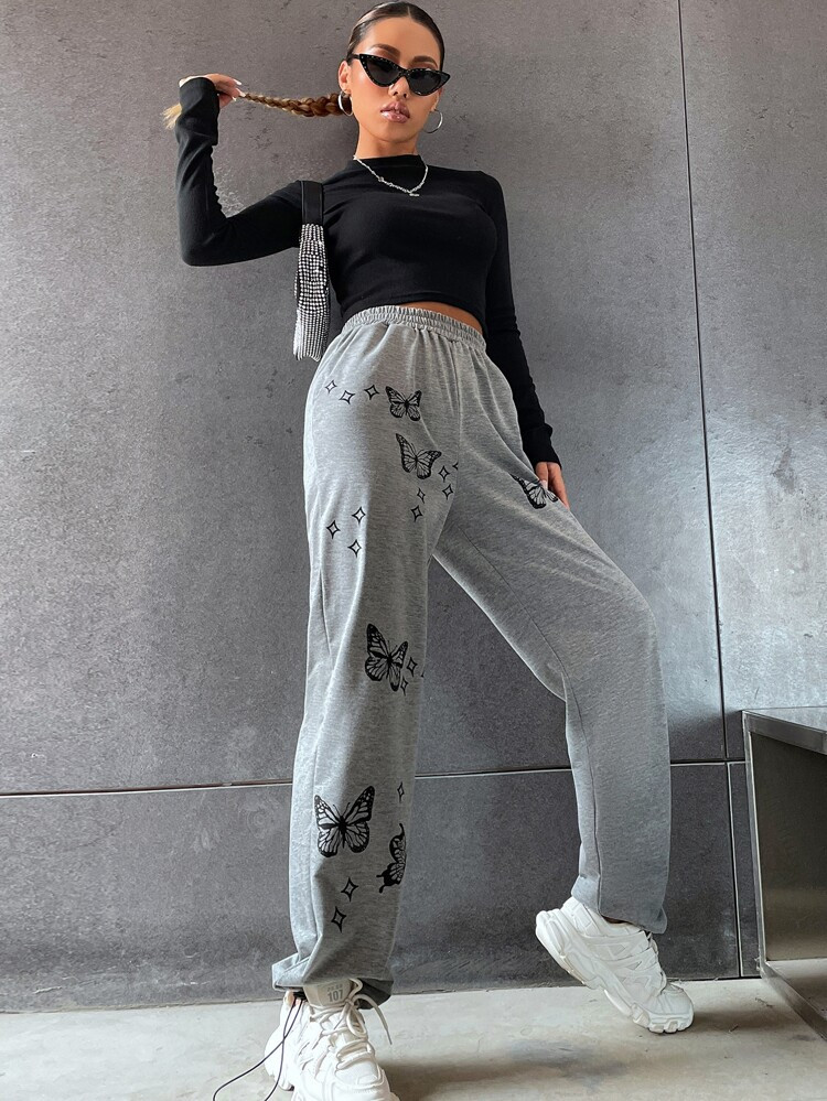 Elastic Waist Butterfly Print Sweatpants | SHEIN