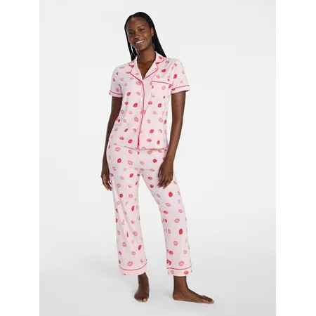 Joyspun Women's Dreamy Soft Collection Notch Knit Top and Capri Pants Valentine's Day Pajama Set, 2-Piece, Sizes XS-3X | Walmart (US)