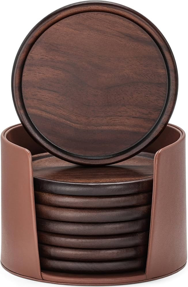 Wood Coasters with Leather Holder, GOH DODD Set of 8 Wooden Coaster Set for Drinks Desk Coffee Ta... | Amazon (US)