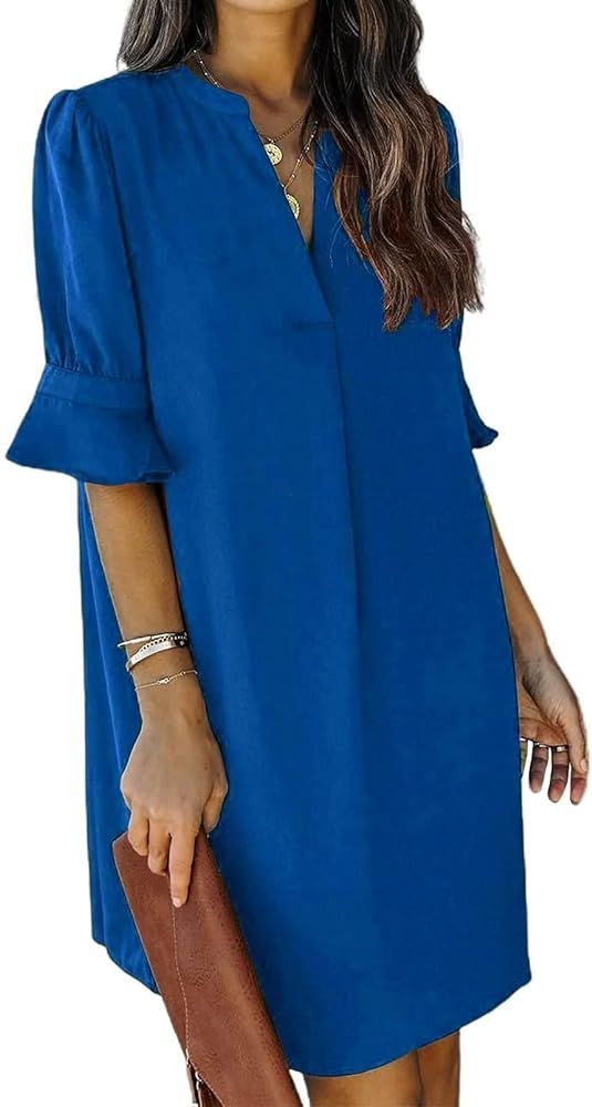 QACOHU Summer Dresses for Women V Neck Ruffle Short Sleeve Casual Shift Dress | Amazon (US)