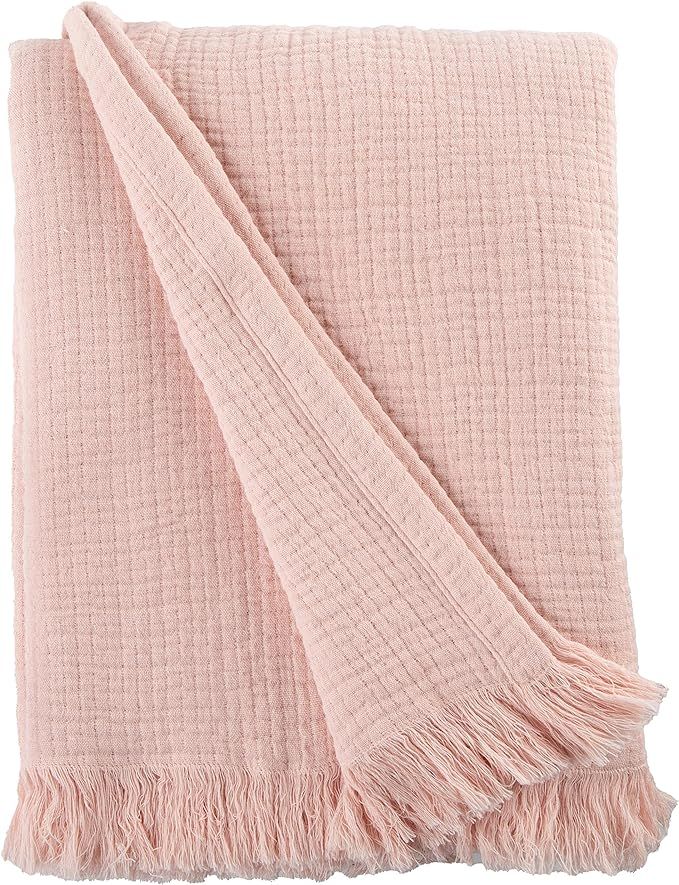 Sticky Toffee Blush Pink Muslin Throw Blanket with Fringe, Oeko-Tex Cotton Muslin Blankets for Ad... | Amazon (US)