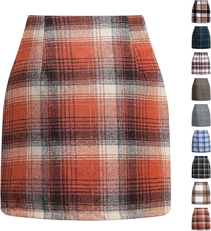 Plaid Mini Skirt for Women High Waist A Line Bodycon Pencil Fall Skirts Comfy Wool Mini Skirts Se... | Amazon (US)