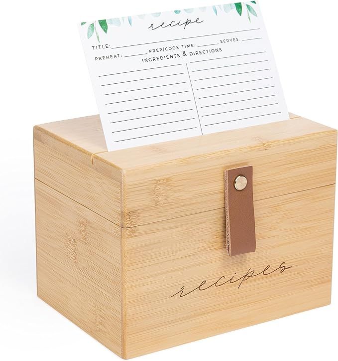Pera Blanca Recipe Box with Cards and Dividers | Recipe Card Box Faux Leather Handle | 50 Eucalyp... | Amazon (US)