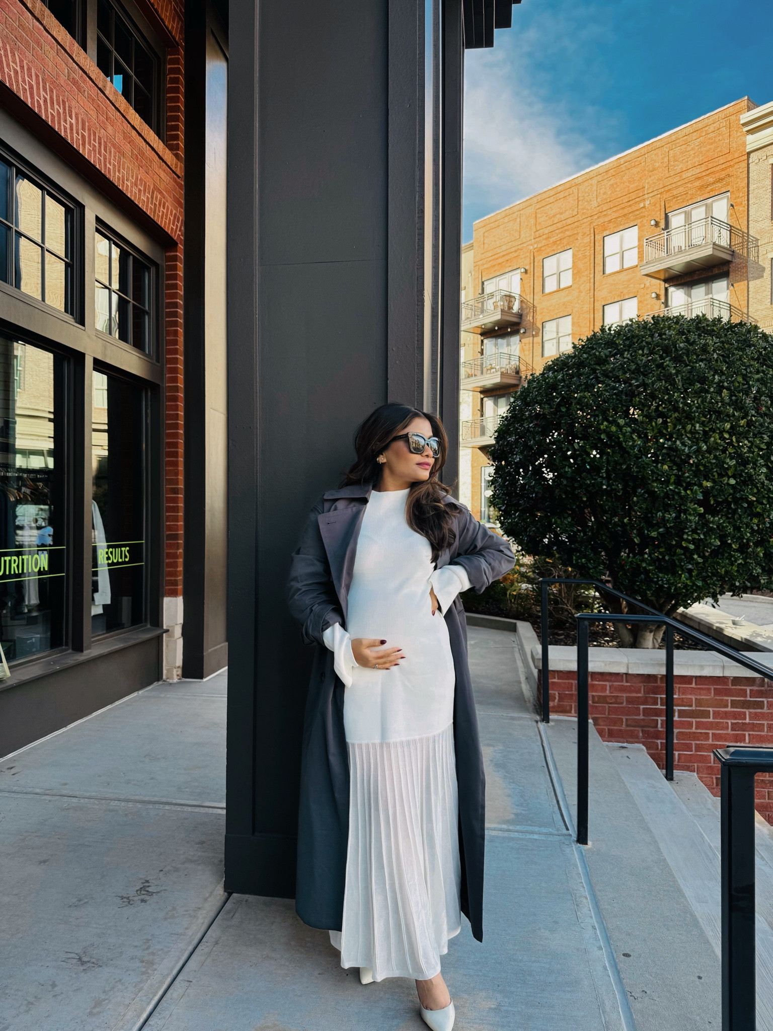 Dress: petite viscose ribbed finish sheer bottom midaxi dress. I’m 4’11” and can wear it without heels. The dress has a lot of stretch to it—I sized up to medium since I’m 27 weeks pregnant and can definitely wear it throughout the rest of my pregnancy. Pre-pregnancy I’d stick to small. 

Also linked—grey trench coat. Wearing xs  

#LTKBump #LTKWorkwear #LTKStyleTip