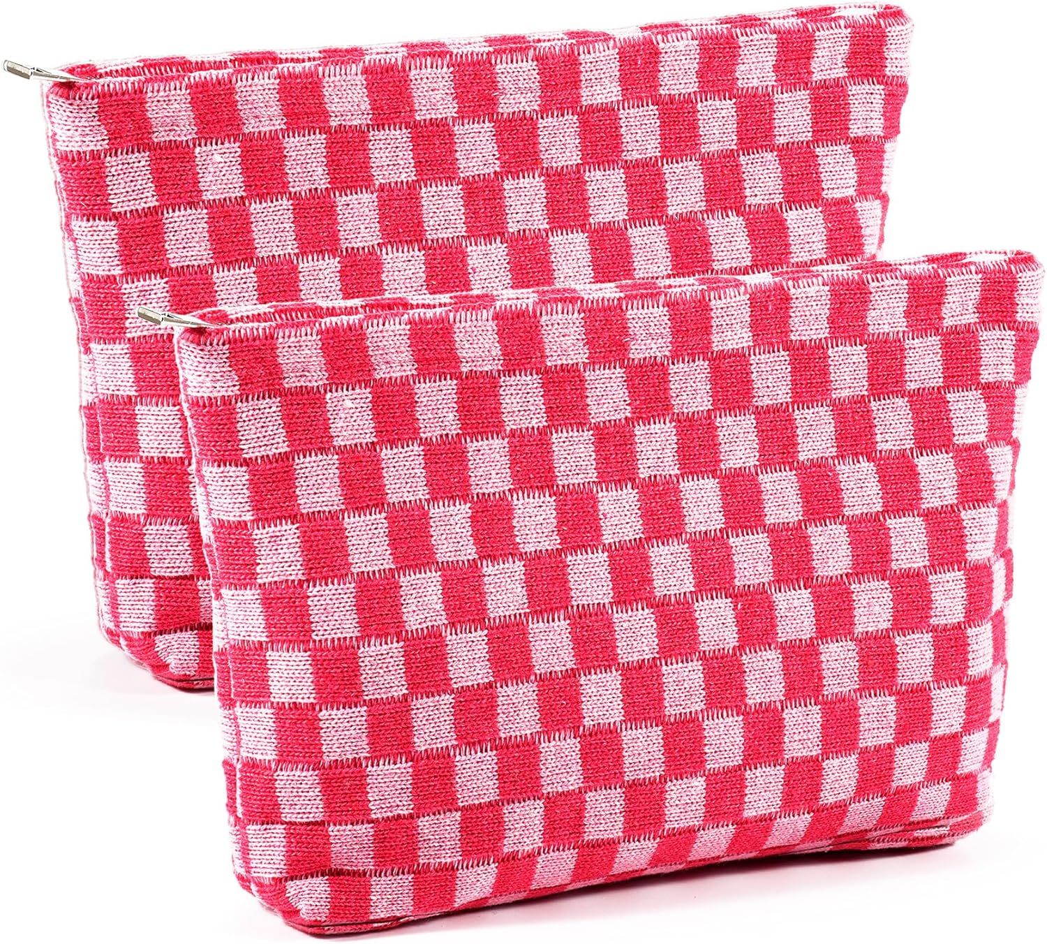 Zkptops 2Pcs Checkered Makeup Bag for Women Travel Large Cosmetic Bag Set Cute Pink Makeup Pouch ... | Amazon (US)