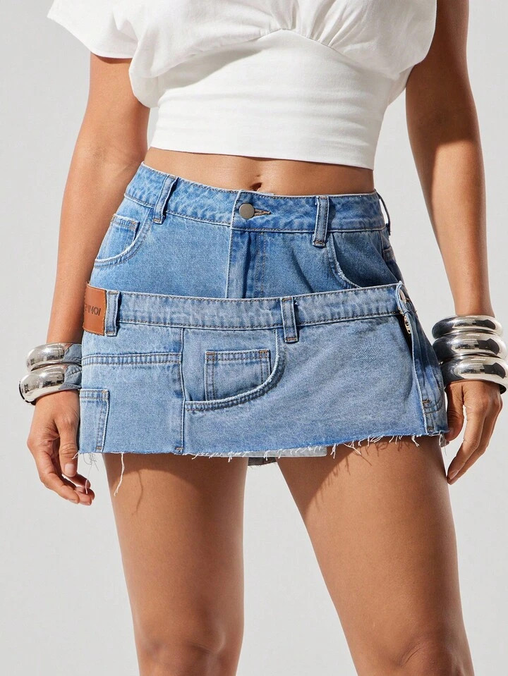 Denimoi Stacked Waist Low Rise Raw Hem Denim Micro Mini Skirt | SHEIN