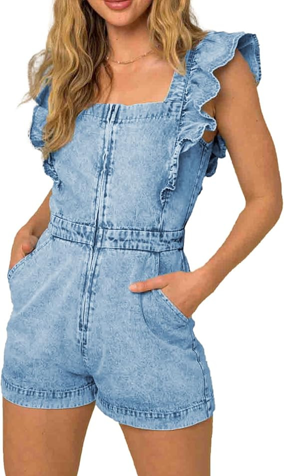 Kedera Women Ruffle Sleeveless Denim Rompers Short Zip Up Denim One Piece Jumpsuit with Pocket | Amazon (US)