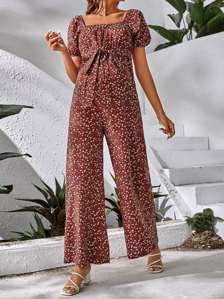 SHEIN Maternity Ditsy Floral Print Belted Jumpsuit | SHEIN