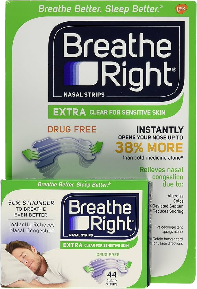 Breathe Right Extra Clear Nasal Strips Drug Free Sensitive (44 Extra Clear Strips (Sensitive Skin... | Amazon (US)