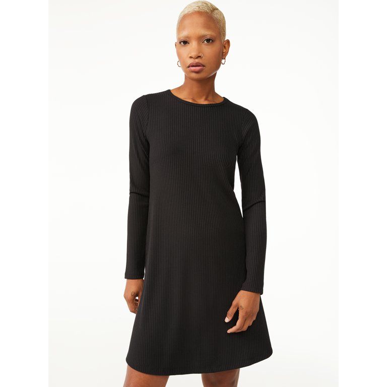 Free Assembly Women's Ribbed Swing Dress with Long Sleeves | Walmart (US)