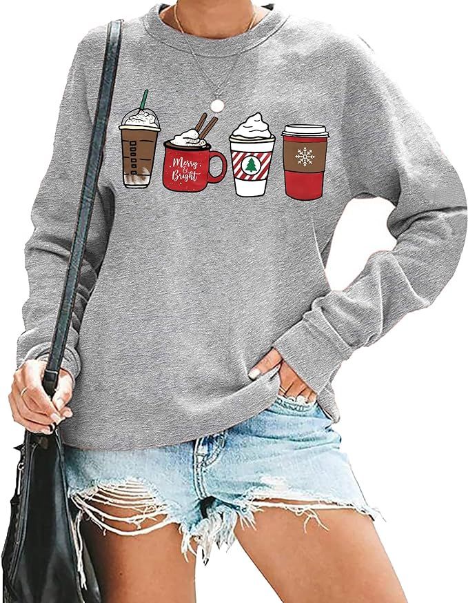 Christmas Sweatshirt Women Merry and Bright Christmas Shirt Funny Cute Ice Cream Graphic Tee Xmas... | Amazon (US)