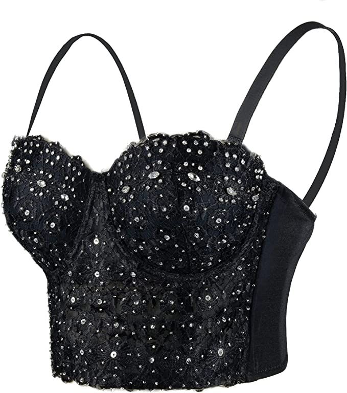 ELLACCI Women's Natural Reigning Lace Rhinestone Bustier Crop Top Sexy Mesh Corset Top Bra Black | Amazon (US)