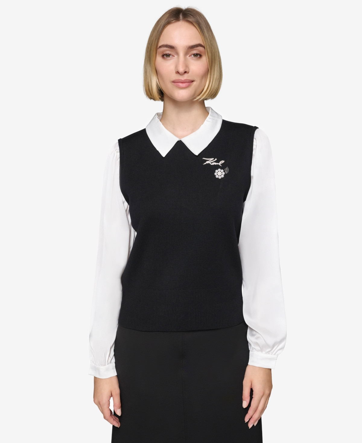 Karl Lagerfeld Paris Women's Layered-Look Charm Logo Sweater Top - Blk/wht | Macy's