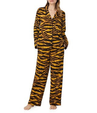 DKNY Gold Tiger Print Long Sleeve Notch Collar Pant Satin Pajama Set | Dillard's