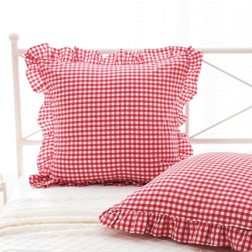 K MASANIJI 2 Pack Red White Plaid Ruffle Gingham Euro Pillow Sham Coverss, 100% Washed Cotton Buffalo Checkered Farmhouse Pillow Covers for Bed/Sofa- 26"x26" | Amazon (US)