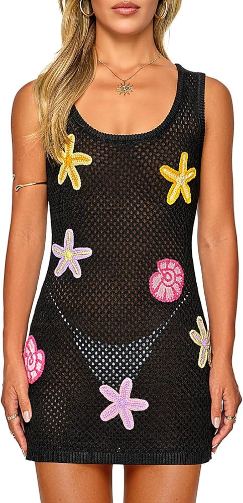 FAIRY SEASON Women's Crochet Beach Cover Up with 3D Starfish & Shells, Sleeveless Mini Dress for ... | Amazon (US)