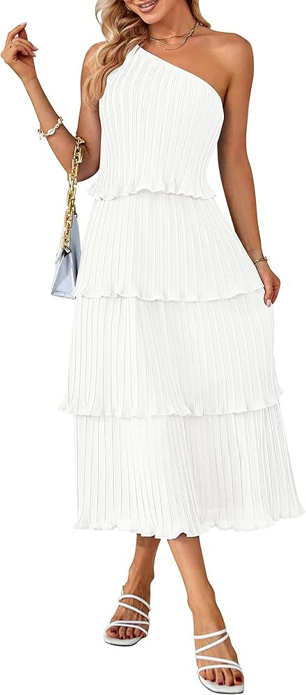 MEROKEETY Women's Summer One Shoulder Sleeveless Pleated Ruffle Tiered Layered Chiffon Party Dres... | Amazon (US)