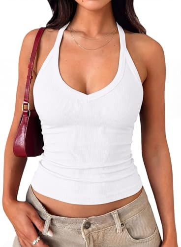 Women's Built-in Bra Tank Tops Racerback V Neck Cotton Ribbed Shirts | Amazon (US)