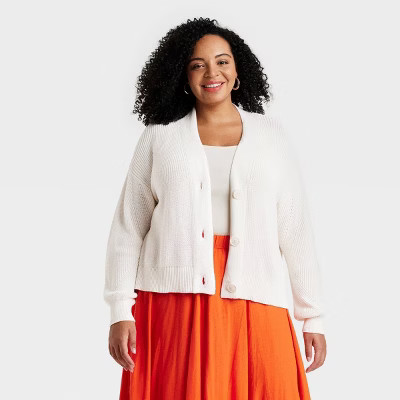 Women's Button-Up Cardigan - Universal Thread™ Cream 1X: Cotton, Midweight, Deep V Neck, Long Sleeve | Target