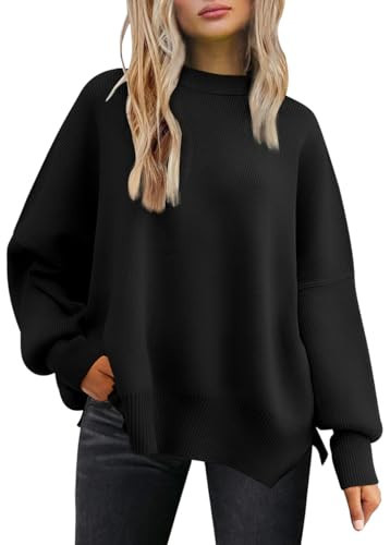 LILLUSORY Oversized Sweaters for Women 2025 Fall Fashion Outfits Trendy Crewneck Knit Cute Lightweight Sweater Pullover Tops Long Sleeve Shirts Winter Clothes Black 3XL | Amazon (US)
