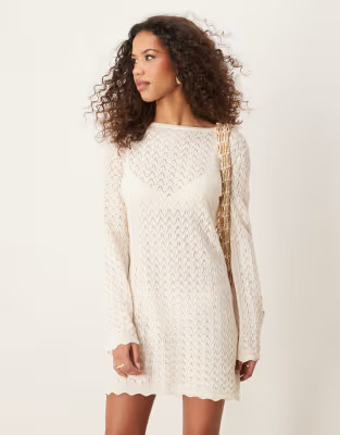 ASOS DESIGN knit mini dress with flared sleeve in cream | ASOS (Global)