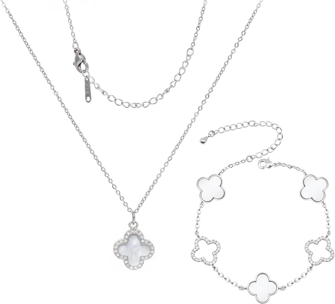 Clover Jewelry Set 18k Gold Plated Silver Dainty Lucky Four Leaf Link Chain Bracelets Charm Trend... | Amazon (US)