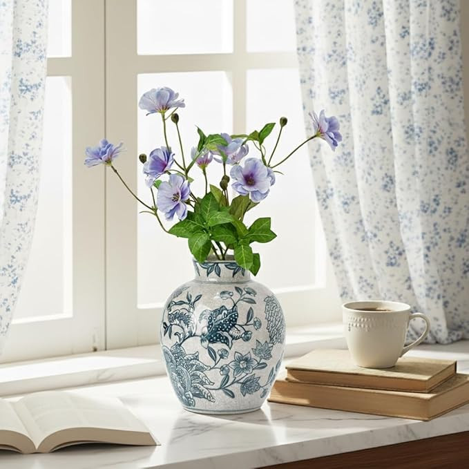 SIDUCAL Ceramic Chinoiserie Floral Vase | 6.3 Inch Blue and White Vintage | Retro Ice Cracked Blu... | Amazon (US)