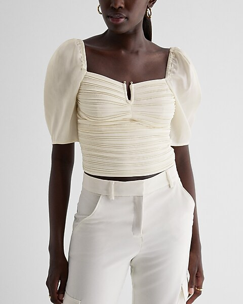 Satin V-bar Puff Sleeve Ruched Pleated Top | Express
