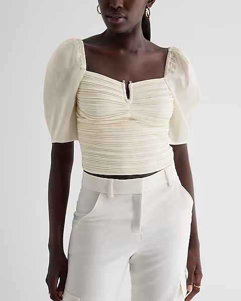 Satin V-bar Puff Sleeve Ruched Pleated Top | Express