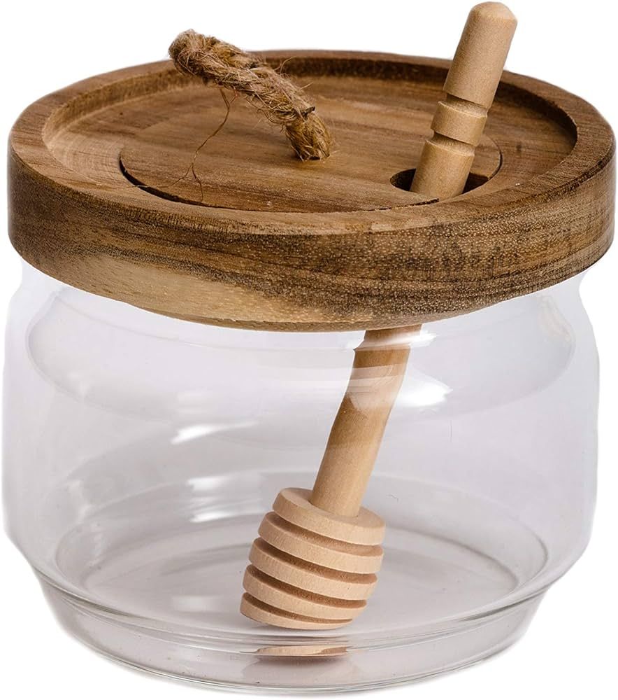 Honey Jar Pot Glass Holder Dispenser Set with Wooden Dipper Stick and Acacia Lid Cover for Home K... | Amazon (US)