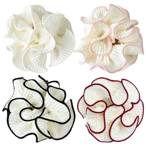 Qigfucm 4 Pack Oversized Puffy Hair Scrunchies, 4.72 Inch Double Layer Pleated Ruffle Design, White with Colored Trim, Extra Large Hair Ties for Buns Ponytail Holders for Voluminous Look | Amazon (US)