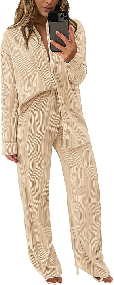 PRETTYGARDEN Women's 2 Piece Textured Sets Casual Button Down Shirt Wide Leg Pants Outfit Loungew... | Amazon (US)