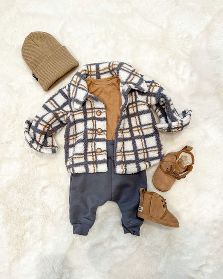 Baby boy ootd ❄️ 

• slouch headwear brown beanie, carters grey plaid flannel set, old navy bodysuit, Ugg neumel infant booties, baby style, baby fashion, baby outfit 

#LTKshoecrush #LTKkids #LTKbaby