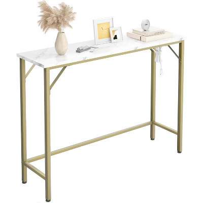 9.1" Narrow Console Table with Outlets, Sofa Table Behind Couch Table for Living Room, Industrial Hallway Table for Entryway, Foyer-Gold | Target